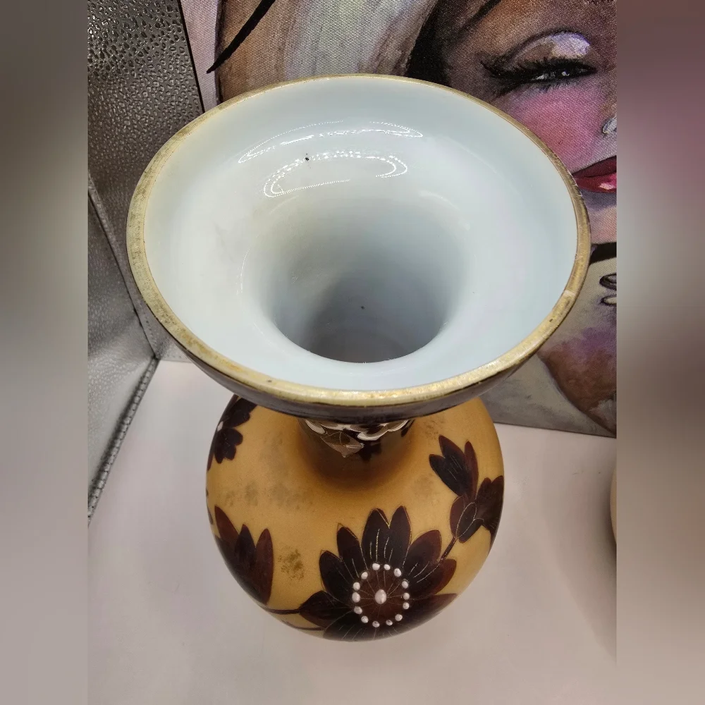 Antique Victorian Tan & Brown Floral Opaline Bristol Glass Pair of Vases